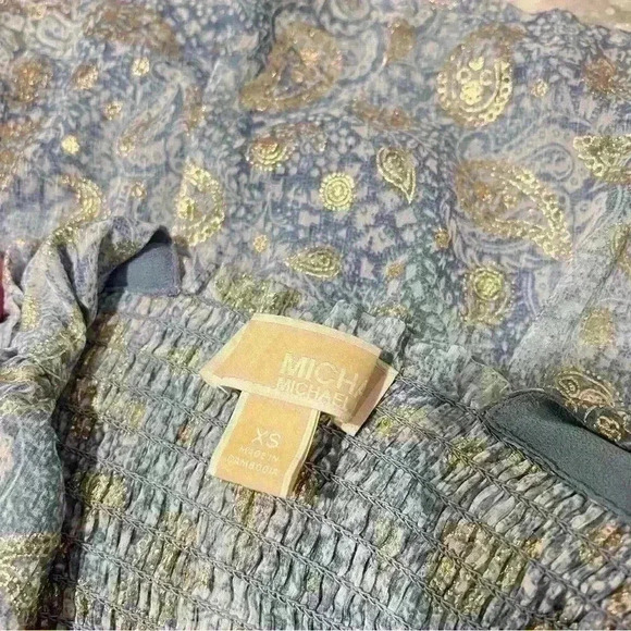 Michael Kors Blue Golden Paisley Mini Dress Ruffle Sleeves Stretchy Waist XS - Picture 4 of 5